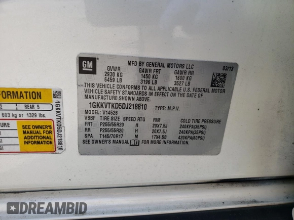 2013 GMC Acadia Denali with VIN 1GKKVTKD5DJ218810, listed as a Copart auction lot 53551485 with 168,317 mi miles and Clean Title. Bid and sale history available at carsss.com. Image 12.