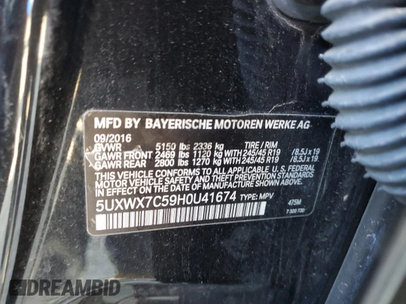 2017 BMW X3 xDrive35i with VIN 5UXWX7C59H0U41674, listed as a Copart auction lot 50732755 with Not Provided miles and Clean Title. Bid and sale history available at DreamBid. Image 13.