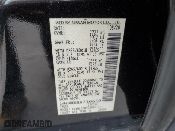 2020 Nissan Frontier Pro-4X with VIN 1N6ED0EB3LN710650, listed as a Copart auction lot 77419464 with 97,399 mi miles and Salvage title. Bid and sale history available at DreamBid. Image 12.