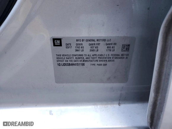 2017 Chevrolet Sonic LT with VIN 1G1JD5SB4H4151196, listed as a Copart auction lot 46190885 with 134,182 mi miles and Salvage Title. Bid and sale history available at carsss.com. Image 12.