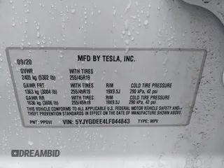 2020 Tesla Model Y Long Range with VIN 5YJYGDEE4LF044843, listed as a IAAI auction lot 41799504 with 40,770 mi miles and . Bid and sale history available at DreamBid. Image 9.