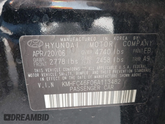 2006 Hyundai Azera SE with VIN KMHFC46F06A113482, listed as a IAAI auction lot 41733834 with 242,159 mi miles and . Bid and sale history available at DreamBid. Image 9.