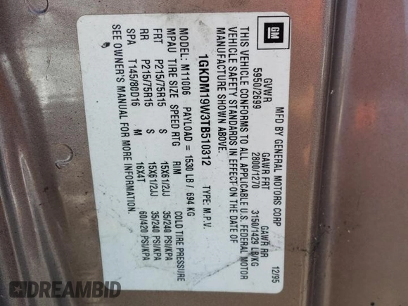 1996 GMC Safari z VIN 1GKDM19W3TB510312, wystawiony jako Copart lot #69528134 z przebiegiem 106 226 mil mil oraz Szkoda całkowita • Salvage title. Historia ofert i sprzedaży dostępna na DreamBid. Obrazek 13.