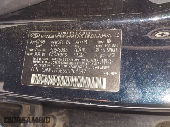 2009 Hyundai Santa Fe SE with VIN 5NMSH73E69H264547, listed as a IAAI auction lot 41812304 with 224,088 mi miles and . Bid and sale history available at DreamBid. Image 9.