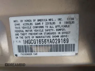 2000 Honda Accord EX с VIN 1HGCG1656YA029169, выставлен на аукционе IAAI как лот 42532680 с пробегом 164 850 миль миль и . История ставок и продаж доступна на DreamBid. Изображение 9.