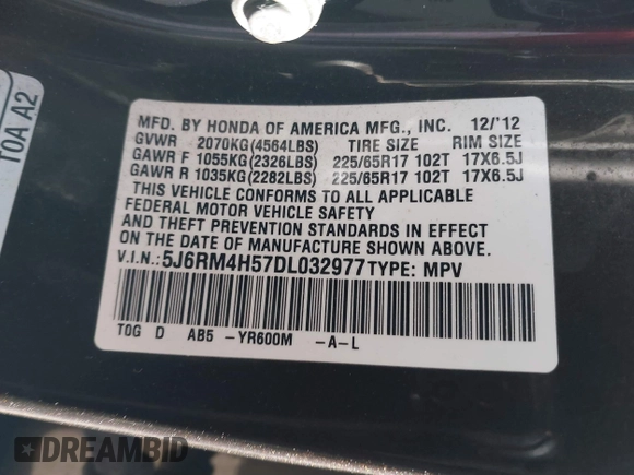 2013 Honda CR-V EX with VIN 5J6RM4H57DL032977, listed as a IAAI auction lot 41589238 with 124,206 mi miles. Bid and sale history available at carsss.com. Image 8.