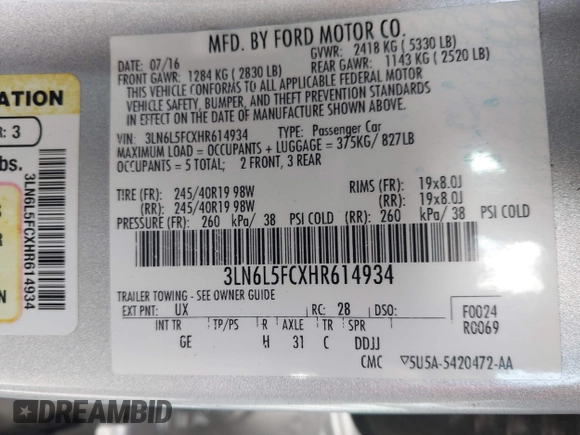 2017 Lincoln MKZ Reserve с VIN 3LN6L5FCXHR614934, выставлен на аукционе IAAI как лот 42301724 с пробегом 88 616 миль миль и . История ставок и продаж доступна на DreamBid. Изображение 9.