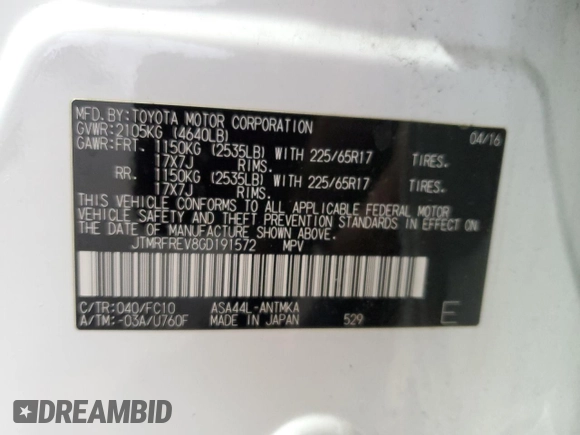 2016 Toyota RAV4 XLE с VIN JTMRFREV8GD191572, выставлен на аукционе Copart как лот 61609975 с пробегом 140 648 миль миль и Списание • Salvage title. История ставок и продаж доступна на DreamBid. Изображение 13.