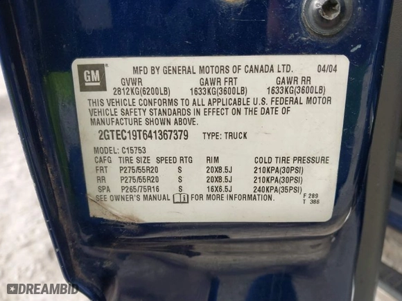 2004 GMC Sierra 1500 SLE with VIN 2GTEC19T641367379, listed as a IAAI auction lot 41474575 with 292,109 mi miles. Bid and sale history available at carsss.com. Image 9.