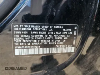 2013 Volkswagen Passat Wolfsburg Edition z VIN 1VWAP7A32DC127223, wystawiony jako Copart lot #56851585 z przebiegiem 203 342 mil mil oraz Nie do naprawy • Non repairable. Historia ofert i sprzedaży dostępna na DreamBid. Obrazek 13.