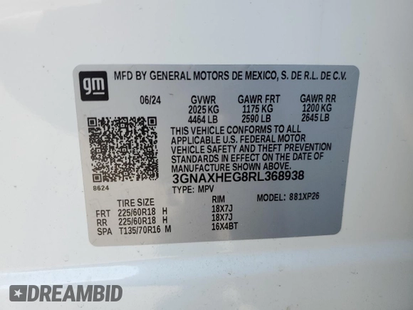 2024 Chevrolet Equinox LS with VIN 3GNAXHEG8RL368938, listed as a Copart auction lot 51263085 with 7,319 mi miles and Salvage Title. Bid and sale history available at DreamBid. Image 15.