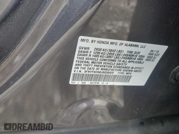 2018 Honda Pilot EX-L with VIN 5FNYF6H50JB038920, listed as a Copart auction lot 57465555 with 126,354 mi miles and Salvage title. Bid and sale history available at DreamBid. Image 13.