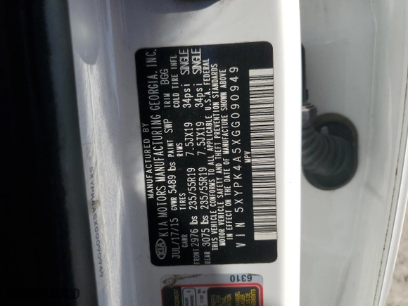 2016 Kia Sorento SX with VIN 5XYPK4A5XGG090949, listed as a Copart auction lot 47029615 with 0 mi miles and Salvage Title. Bid and sale history available at carsss.com. Image 15.