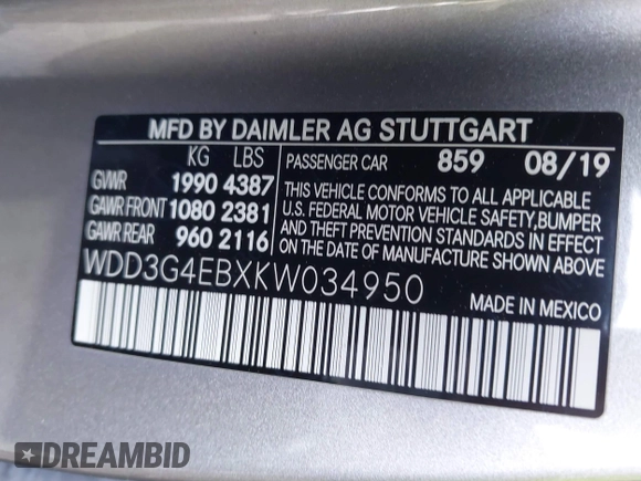 2019 Mercedes-Benz A 220 with VIN WDD3G4EBXKW034950, listed as a IAAI auction lot 41905976 with 111,102 mi miles and . Bid and sale history available at DreamBid. Image 9.