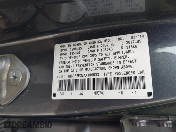 2010 Honda Accord LX with VIN 1HGCP2F35AA109833, listed as a IAAI auction lot 42005458 with 133,061 mi miles and . Bid and sale history available at DreamBid. Image 9.