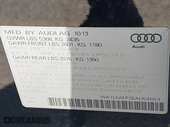 2014 Audi Q5 Premium Plus with VIN WA1LFAFP3EA054653, listed as a IAAI auction lot 42508016 with 50,965 mi miles and . Bid and sale history available at DreamBid. Image 9.