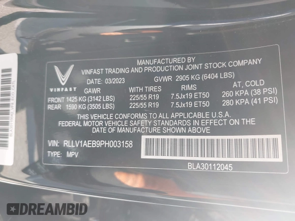 2023 VinFast VF 8 Eco с VIN RLLV1AEB9PH003158, выставлен на аукционе IAAI как лот 41615030 с пробегом 8 711 миль миль и . История ставок и продаж доступна на DreamBid. Изображение 9.