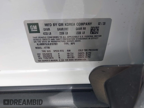 2020 Buick Encore GX Essence with VIN KL4MMFSL6LB107881, listed as a IAAI auction lot 41389955 with 42,308 mi miles and . Bid and sale history available at DreamBid. Image 9.
