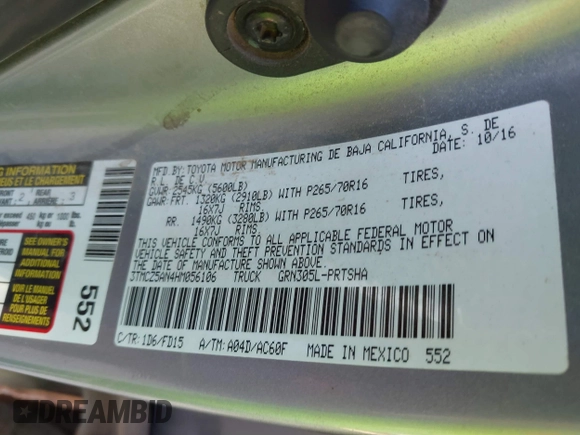 2017 Toyota Tacoma SR5 with VIN 3TMCZ5AN4HM056106, listed as a IAAI auction lot 41432290 with 120,676 mi miles and . Bid and sale history available at DreamBid. Image 9.
