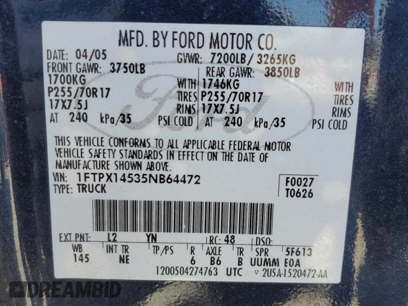 2005 Ford F-150 XLT с VIN 1FTPX14535NB64472, выставлен на аукционе Copart как лот 58524315 с пробегом 210 184 миль миль и Чистый • Clean title. История ставок и продаж доступна на DreamBid. Изображение 12.