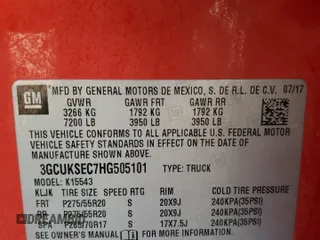 2017 Chevrolet Silverado 1500 LTZ with VIN 3GCUKSEC7HG505101, listed as a Copart auction lot 50999955 with 114,861 mi miles and Salvage Title. Bid and sale history available at DreamBid. Image 14.
