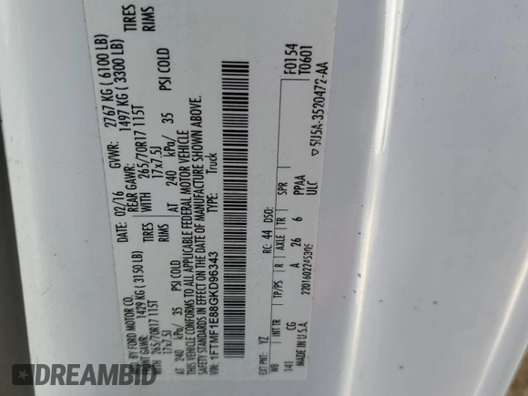 2016 Ford F-150 XL with VIN 1FTMF1E88GKD96343, listed as a Copart auction lot 53509915 with 207,630 mi miles and Clean title. Bid and sale history available at DreamBid. Image 12.