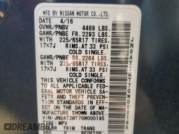 2016 Nissan Rogue S with VIN JN8AT2MT7GW000195, listed as a Copart auction lot 54763995 with 150,790 mi miles and Clean Title. Bid and sale history available at DreamBid. Image 13.