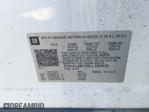 2020 GMC Terrain SLE with VIN 3GKALMEV9LL194935, listed as a IAAI auction lot 42190797 with 119,779 mi miles and . Bid and sale history available at DreamBid. Image 9.