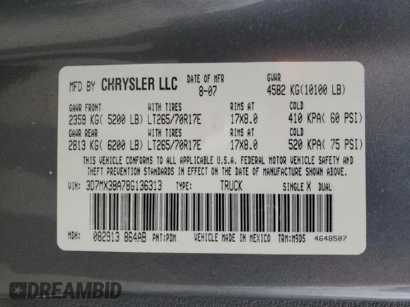 2008 Dodge Ram 3500 SLT with VIN 3D7MX38A78G136313, listed as a Copart auction lot 45370435 with 0 mi miles and Salvage Title. Bid and sale history available at carsss.com. Image 12.