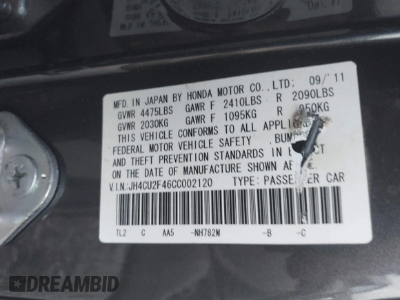 2012 Acura TSX with VIN JH4CU2F46CC002120, listed as a IAAI auction lot 42540502 with 185,450 mi miles and . Bid and sale history available at DreamBid. Image 9.