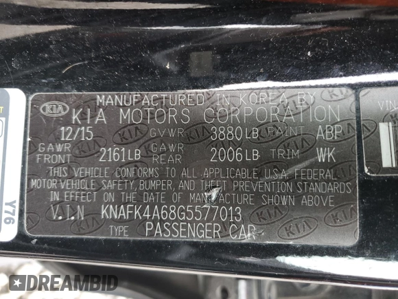 2016 Kia Forte LX with VIN KNAFK4A68G5577013, listed as a Copart auction lot 50784435 with 103,742 mi miles and Salvage Title. Bid and sale history available at carsss.com. Image 12.