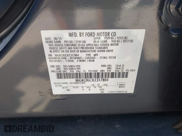2020 Ford EcoSport SE with VIN MAJ6S3GL3LC317804, listed as a IAAI auction lot 41737555 with 67,582 mi miles and . Bid and sale history available at DreamBid. Image 9.