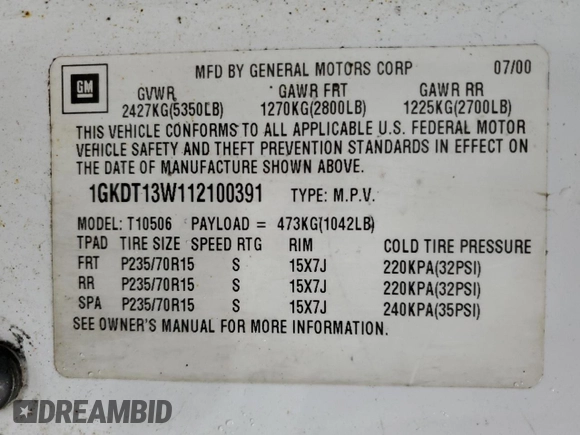 2001 GMC Jimmy SLT with VIN 1GKDT13W112100391, listed as a Copart auction lot 86098014 with 145,700 mi miles and Salvage Title. Bid and sale history available at carsss.com. Image 13.