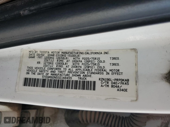 2003 Toyota Tacoma PreRunner z VIN 5TEGM92N53Z148455, wystawiony jako Copart lot #60484255 z przebiegiem 364 364 mil mil oraz Szkoda całkowita • Salvage title. Historia ofert i sprzedaży dostępna na DreamBid. Obrazek 13.