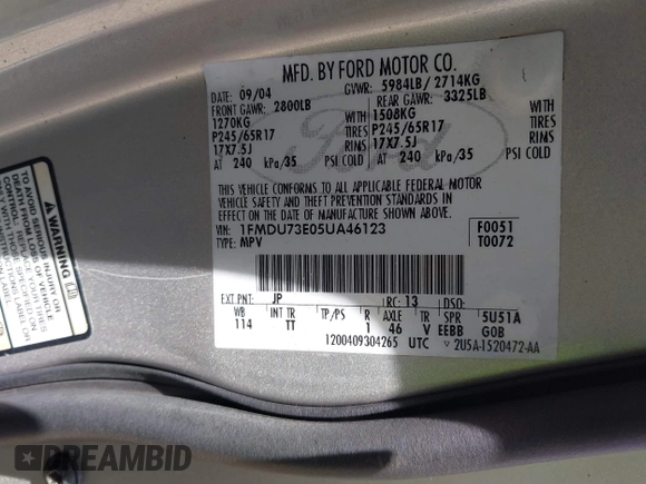 2005 Ford Explorer XLT with VIN 1FMDU73E05UA46123, listed as a IAAI auction lot 42511282 with 140,681 mi miles and . Bid and sale history available at DreamBid. Image 9.