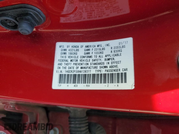 2017 Honda Accord Sedan Sport with VIN 1HGCR2F5XHA138377, listed as a Copart auction lot 51227865 with 85,891 mi miles and Salvage Title. Bid and sale history available at carsss.com. Image 12.