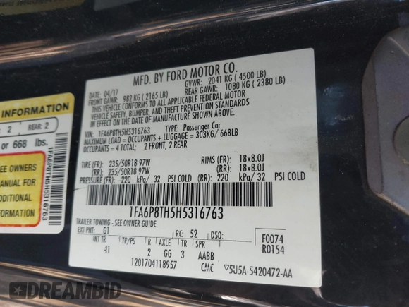 2017 Ford Mustang EcoBoost with VIN 1FA6P8TH5H5316763, listed as a IAAI auction lot 41651751 with 110,609 mi miles. Bid and sale history available at carsss.com. Image 9.