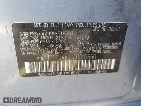 2012 Subaru Impreza 2.0i с VIN JF1GJAA60CH003660, выставлен на аукционе Copart как лот 45686565 с пробегом 234 967 миль миль и Списание • Salvage title. История ставок и продаж доступна на DreamBid. Изображение 12.