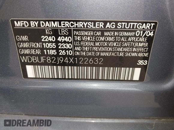 2004 Mercedes-Benz E 320 with VIN WDBUF82J94X122632, listed as a IAAI auction lot 41628548 with 136,353 mi miles and . Bid and sale history available at DreamBid. Image 9.