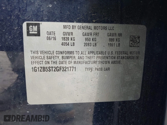 2016 Chevrolet Malibu LS with VIN 1G1ZB5ST2GF321771, listed as a IAAI auction lot 42337157 with 204,329 mi miles and . Bid and sale history available at DreamBid. Image 9.
