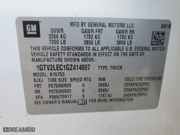 2016 GMC Sierra 1500 with VIN 1GTV2LEC1GZ414897, listed as a Copart auction lot 48995865 with 61,466 mi miles and Salvage Title. Bid and sale history available at carsss.com. Image 12.