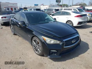 2014 Infiniti Q50 Hybrid Sport with VIN JN1AV7AP7EM691444, listed as a IAAI auction lot 41564726 with 128,834 mi miles and . Bid and sale history available at DreamBid. Image 1.