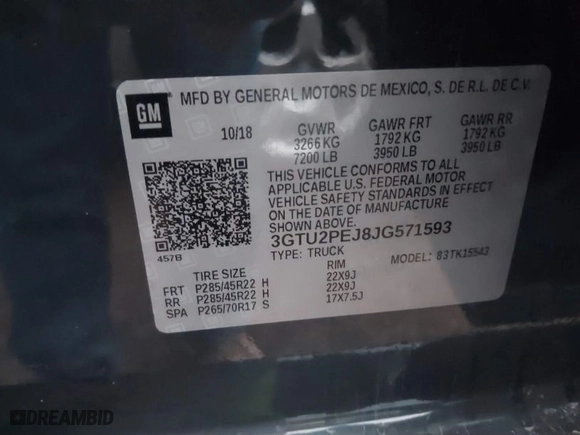 2018 GMC Sierra 1500 Denali with VIN 3GTU2PEJ8JG571593, listed as a IAAI auction lot 41169420 with 98,501 mi miles. Bid and sale history available at carsss.com. Image 9.