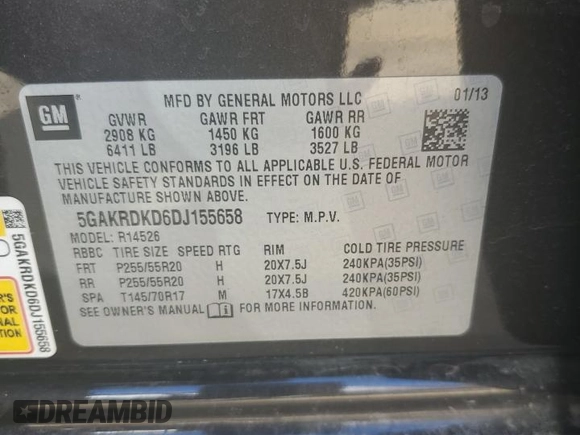 2013 Buick Enclave Premium with VIN 5GAKRDKD6DJ155658, listed as a Copart auction lot 49080105 with 140,370 mi miles and Salvage Title. Bid and sale history available at DreamBid. Image 13.