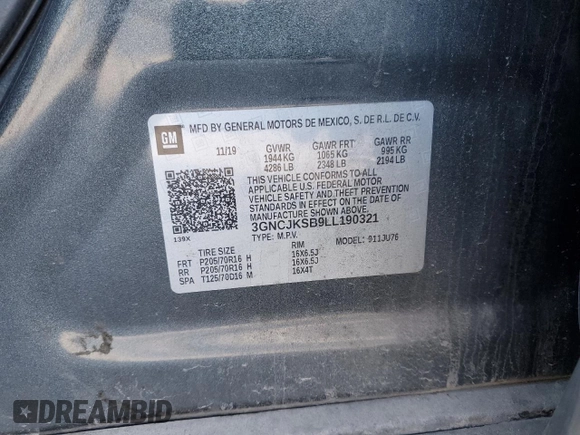 2020 Chevrolet Trax LS z VIN 3GNCJKSB9LL190321, wystawiony jako Copart lot #46644495 z przebiegiem Nie podano mil oraz Szkoda całkowita • Salvage title. Historia ofert i sprzedaży dostępna na DreamBid. Obrazek 14.