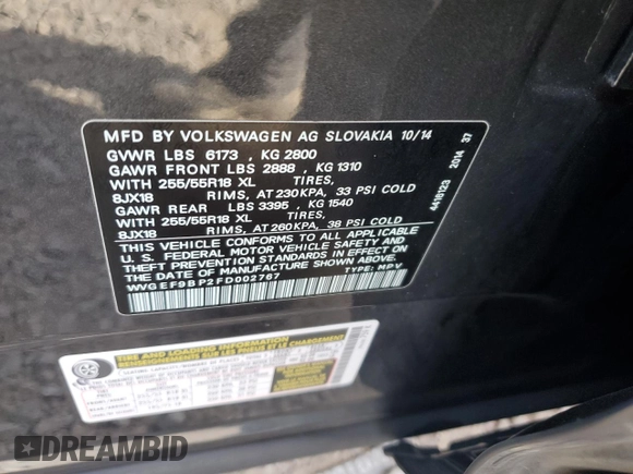 2015 Volkswagen Touareg Sport with VIN WVGEF9BP2FD002767, listed as a Copart auction lot 78127854 with Not provided miles and Salvage title. Bid and sale history available at DreamBid. Image 13.