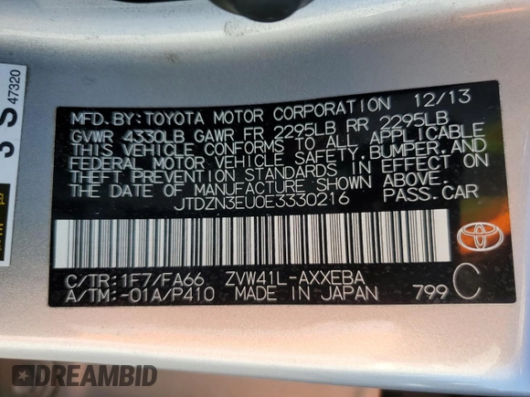 2014 Toyota Prius Two with VIN JTDZN3EU0E3330216, listed as a Copart auction lot 62944005 with 125,274 mi miles and Salvage title. Bid and sale history available at DreamBid. Image 12.