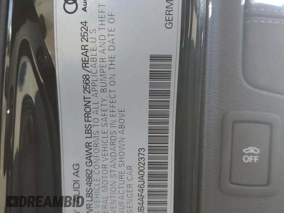 2018 Audi S4 Premium Plus with VIN WAUB4AF46JA002373, listed as a Copart auction lot 55947734 with 65,041 mi miles and Salvage Title. Bid and sale history available at carsss.com. Image 12.