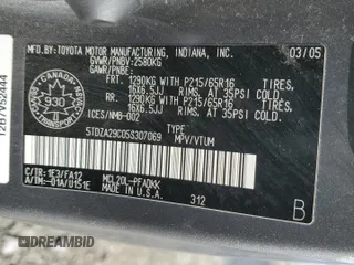 2005 Toyota Sienna with VIN 5TDZA29C05S307069, listed as a Copart auction lot 51495275 with 278,055 mi miles and Salvage Title. Bid and sale history available at DreamBid. Image 14.