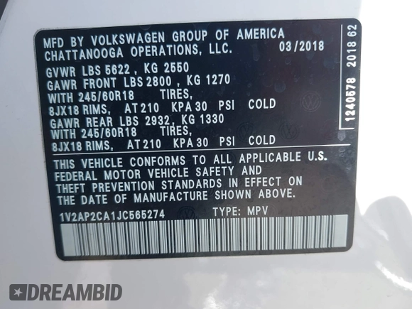 2018 Volkswagen Atlas S with VIN 1V2AP2CA1JC565274, listed as a IAAI auction lot 41686934 with 68,289 mi miles and . Bid and sale history available at DreamBid. Image 9.